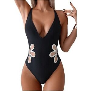 MSRP $46 SweatyRocks Women's S Black Halter One Piece Swimsuits Cut Out Deep